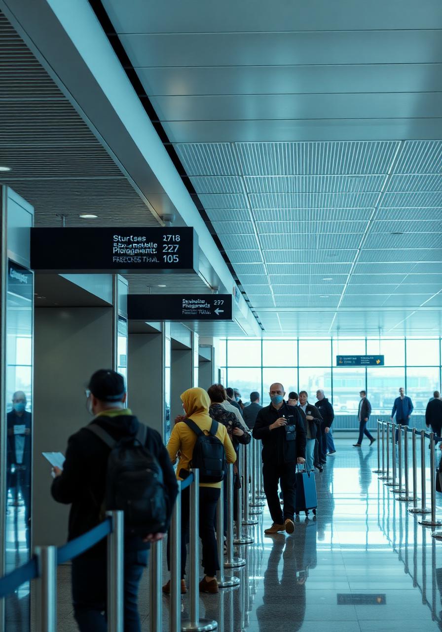 Airport security checkpoint with travelers