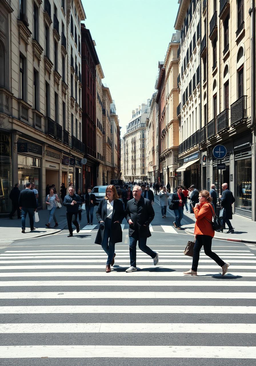 Pedestrians crossing a lively European city street